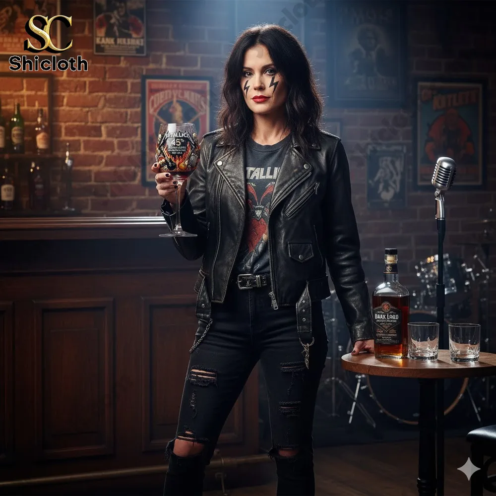 Rock style woman holding Metallica anniversary wine glass in bar scene!