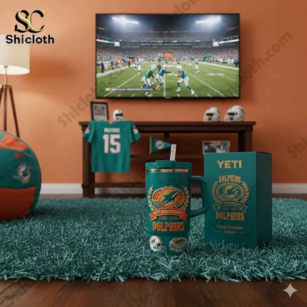 Miami Dolphins Yeti anniversary mug in a fan living room!