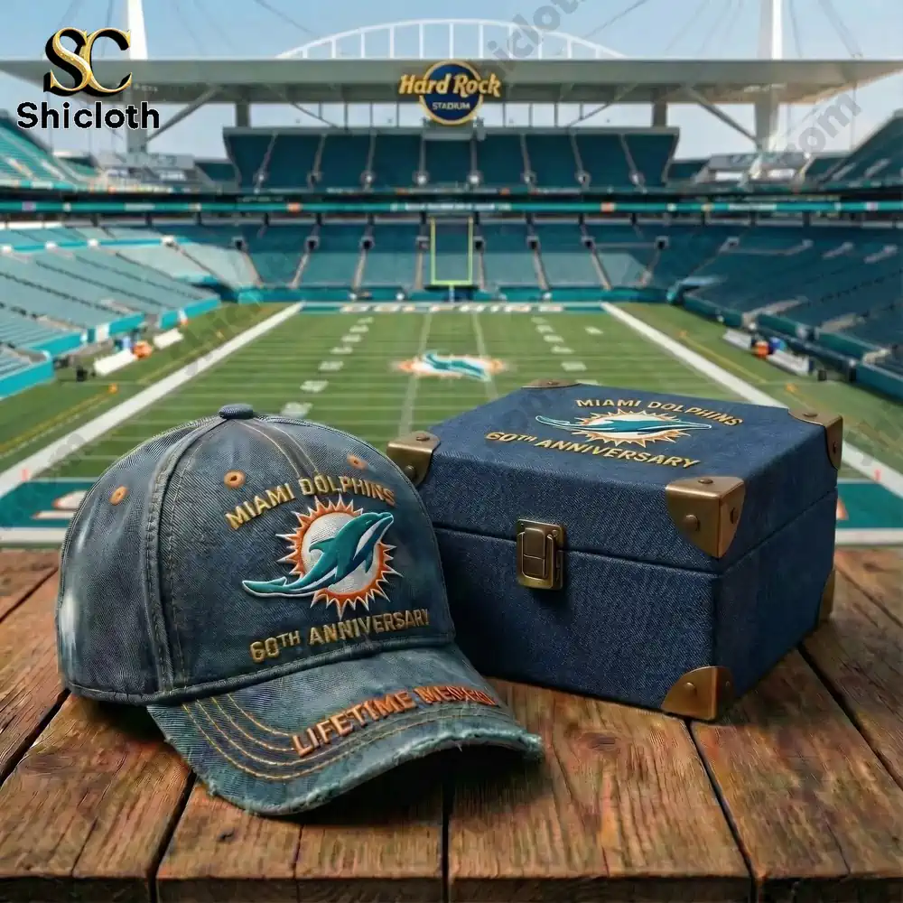 Miami Dolphins anniversary cap and keepsake box on stadium field!