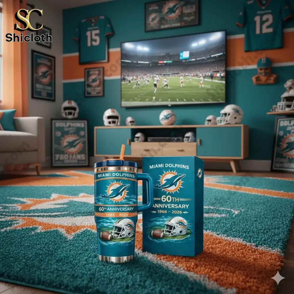 Miami Dolphins anniversary travel tumbler displayed in a fan themed living room by Shicloth!