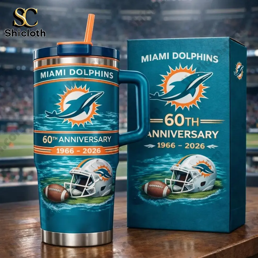 Miami Dolphins anniversary travel tumbler with gift box in stadium setting by Shicloth!