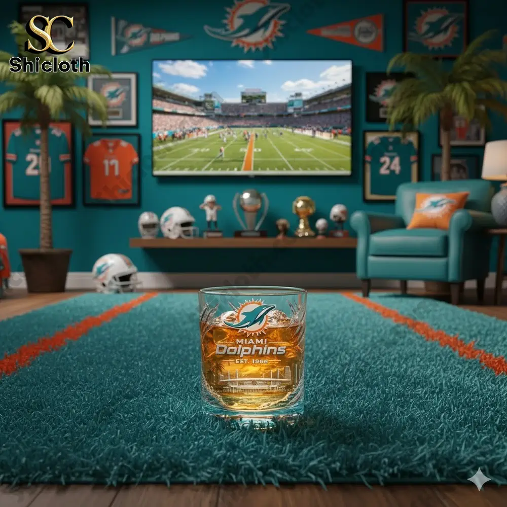Miami Dolphins themed whiskey glass displayed in a fan living room!