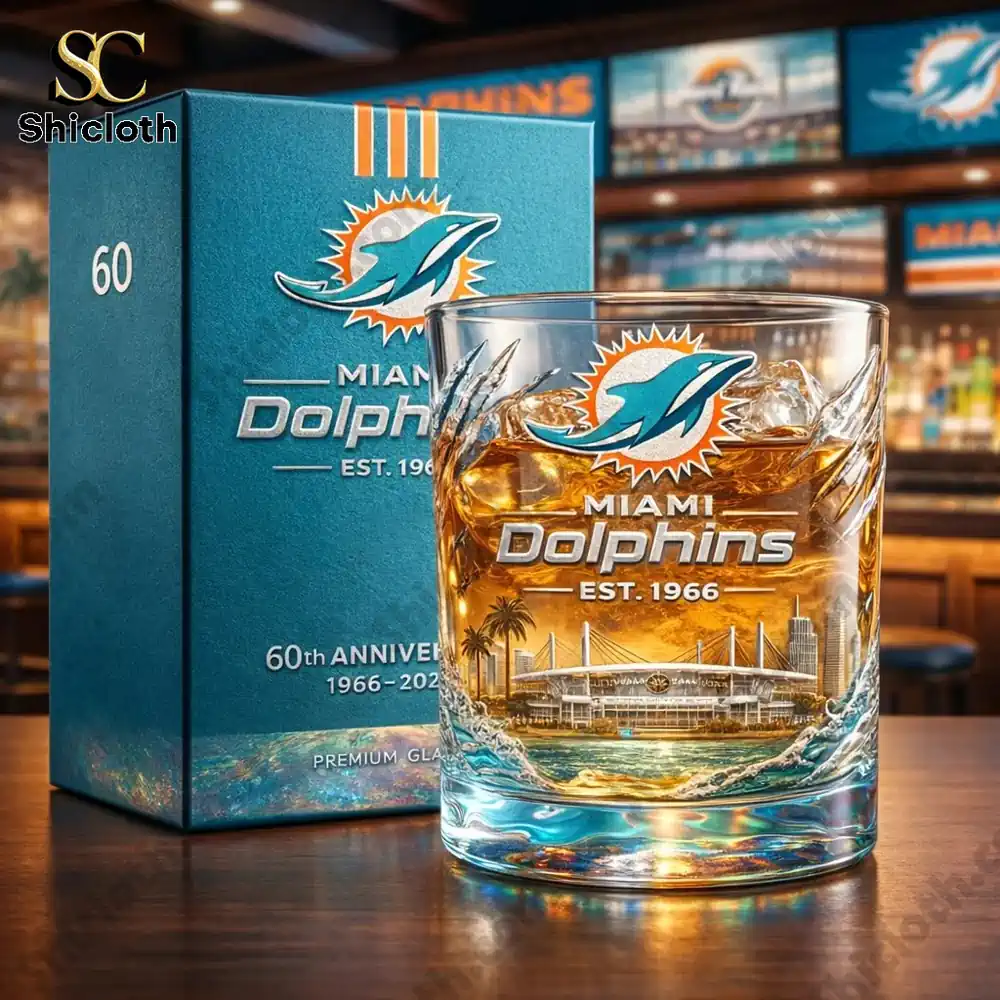 Miami Dolphins whiskey glass with premium gift box on bar counter!