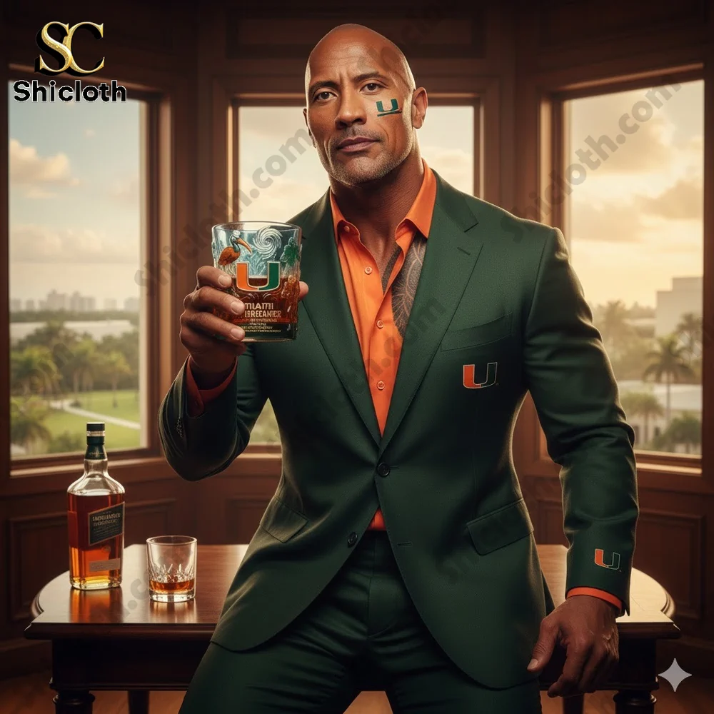 A stylish man in a green suit holding a Miami Hurricanes themed whiskey glass!
