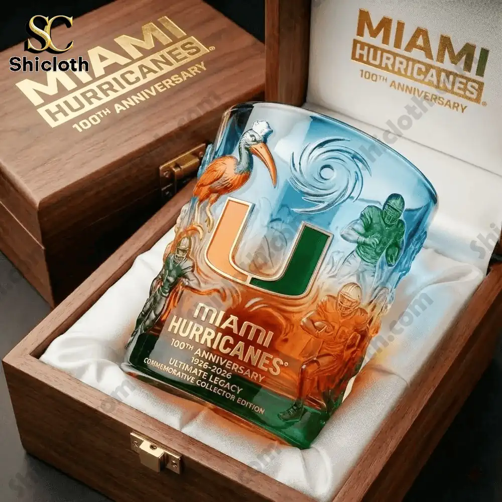 Miami Hurricanes commemorative whiskey glass displayed in a wooden box!