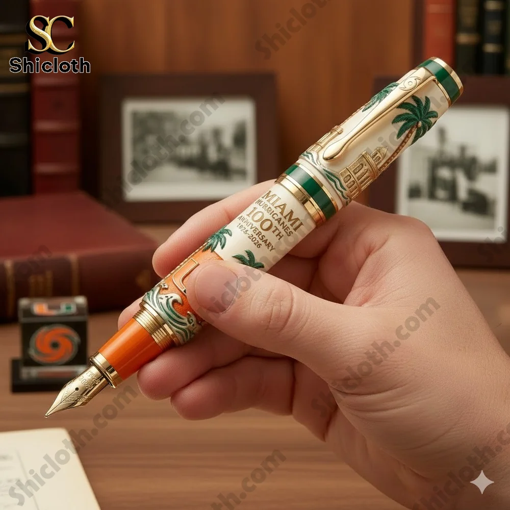 Hand holding Miami Hurricanes themed fountain pen!