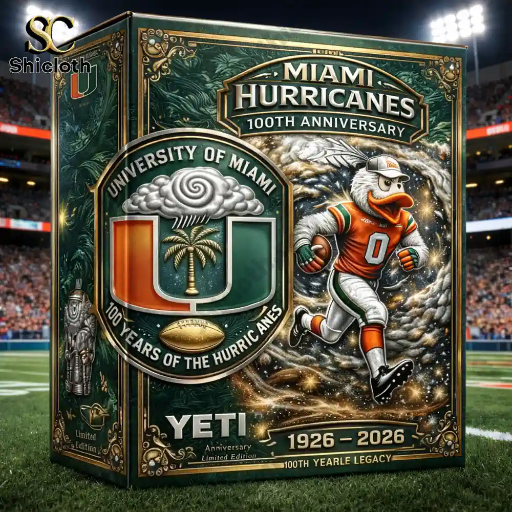 Miami Hurricanes anniversary gift box with Yeti tumbler on football field!
