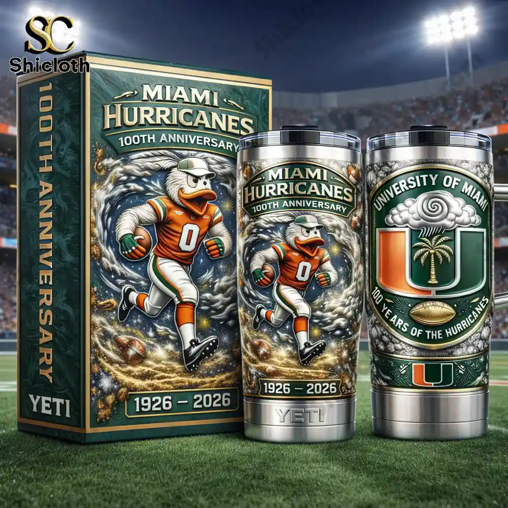 Miami Hurricanes anniversary Yeti tumblers displayed with collector box on stadium field!