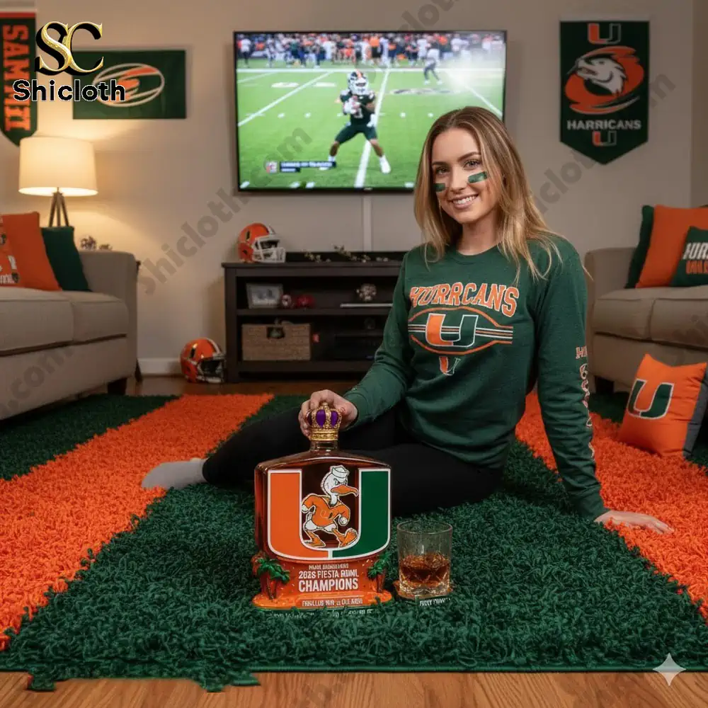 Woman fan sitting in a green orange living room with a Miami Hurricanes themed whiskey bottle!