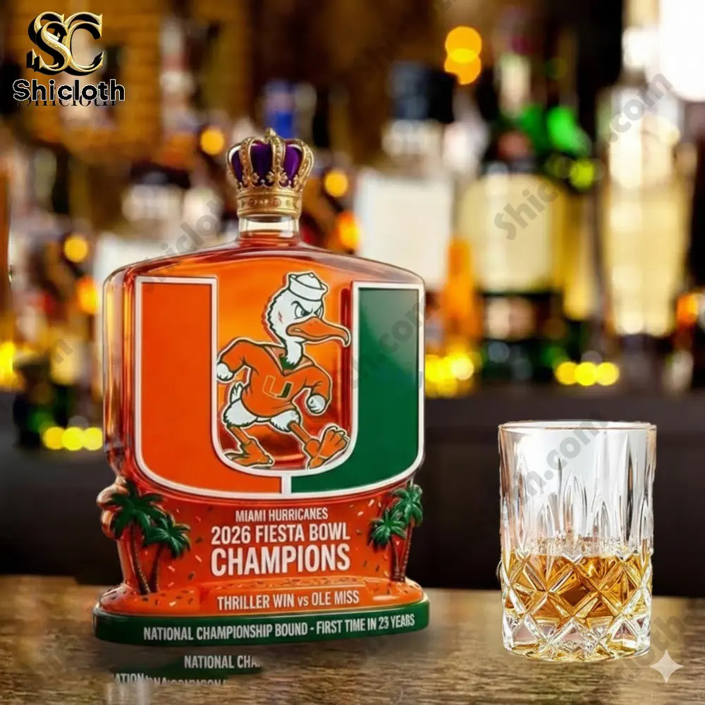 Miami Hurricanes themed whiskey bottle displayed on a bar with a glass!