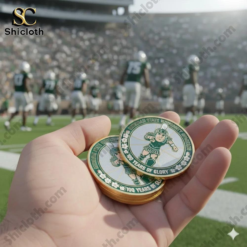 Hand holding green and gold Spartan commemorative coin on football field!