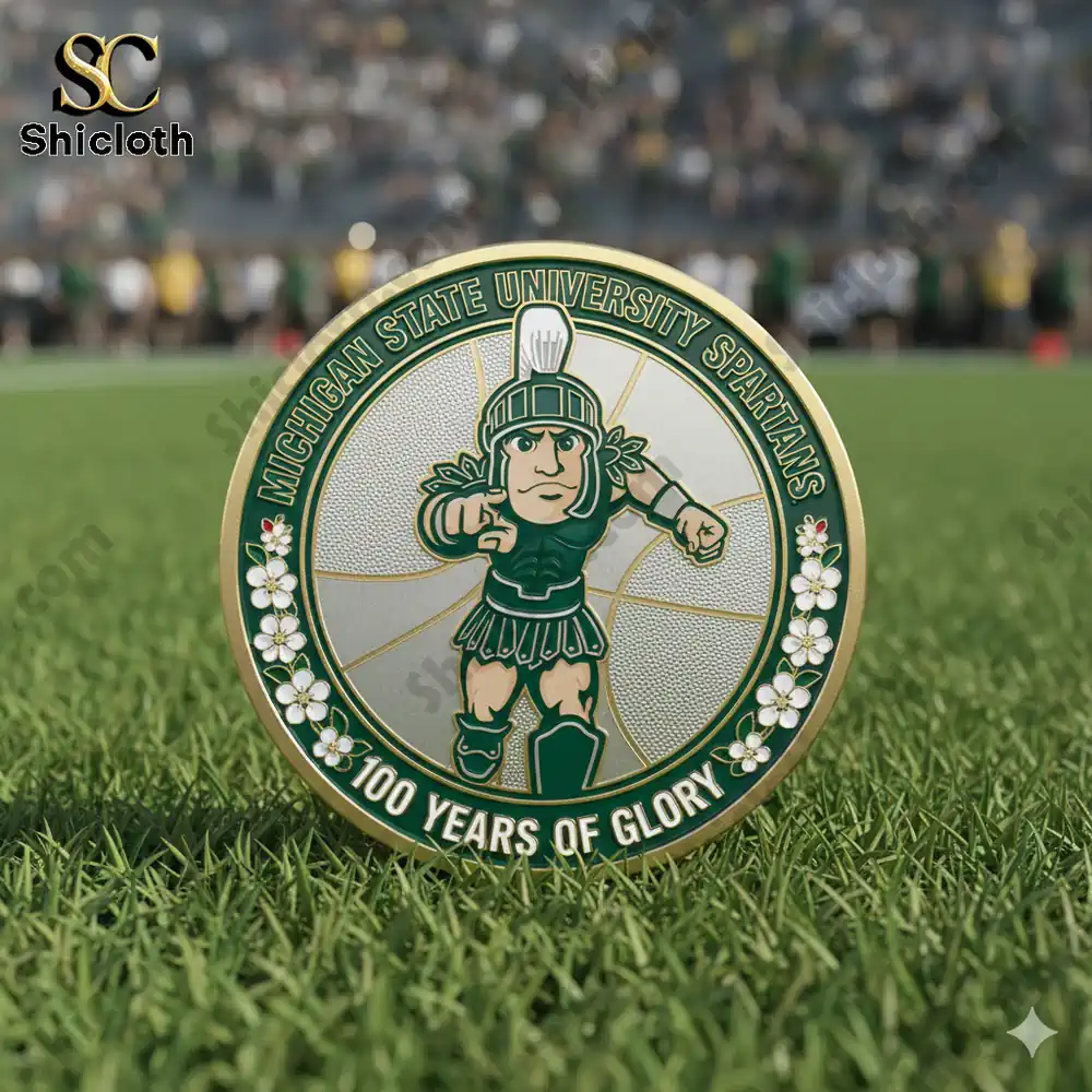 Spartan mascot commemorative coin standing on green football grass!