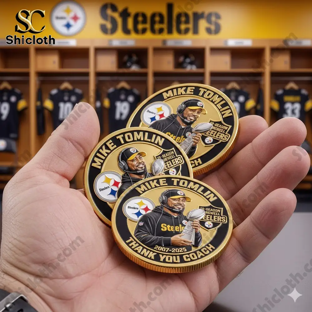 Commemorative coin featuring coach Mike Tomlin held in a hand inside a Steelers locker room!