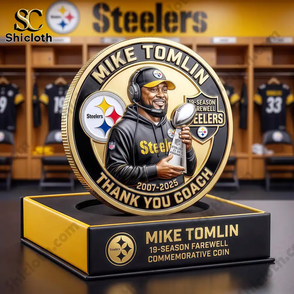 Mike Tomlin commemorative coach coin displayed on a premium box in a Steelers locker room!