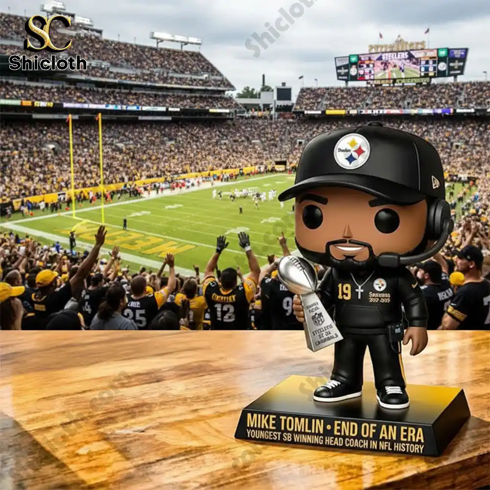 Mike Tomlin End Of An Era Pittsburgh Steelers Commemorative Pop Figure Doll 3 Coach figure standing on table with football stadium background!