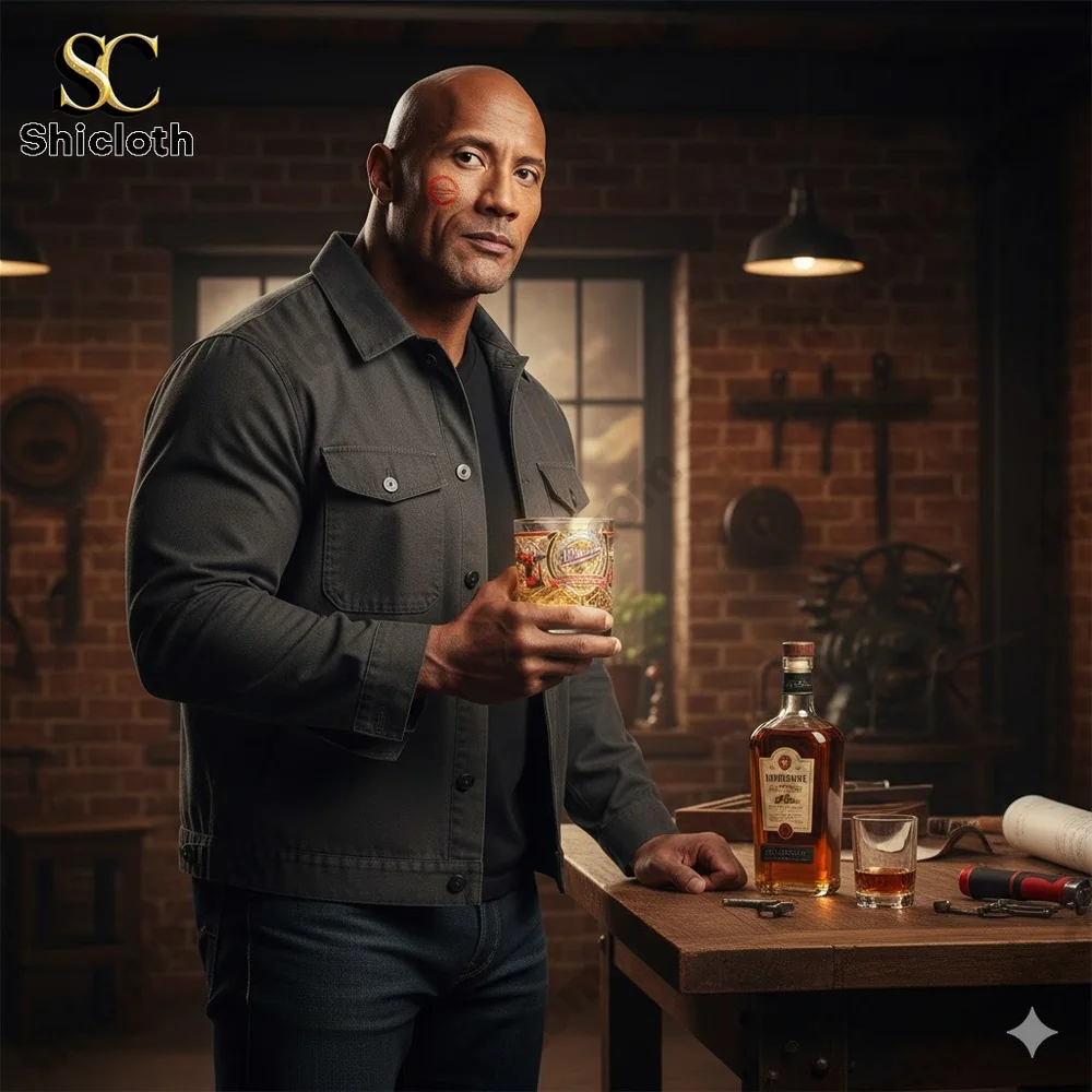 Man holding a whiskey glass in a warm workshop setting with premium style!