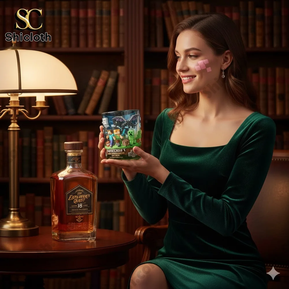 Woman holding Minecraft anniversary collectible glass in classic library setting!