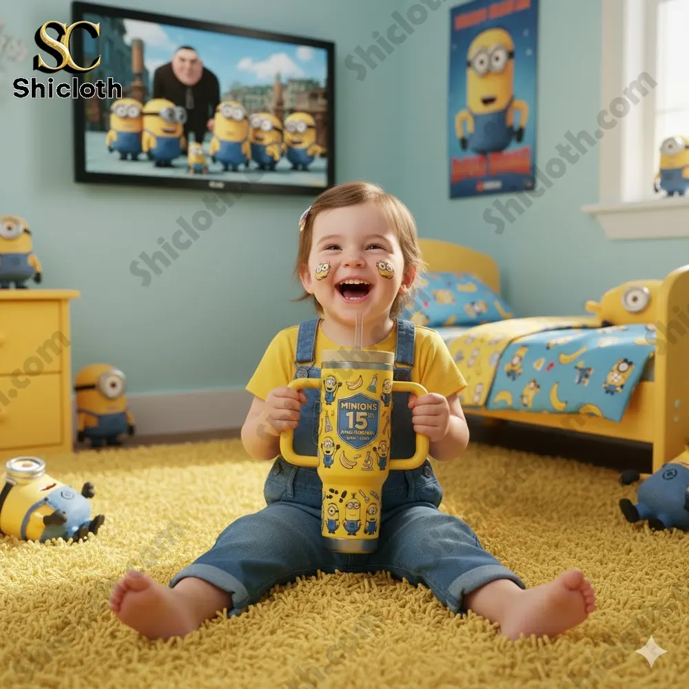 Happy toddler holding yellow Minions tumbler in themed bedroom!