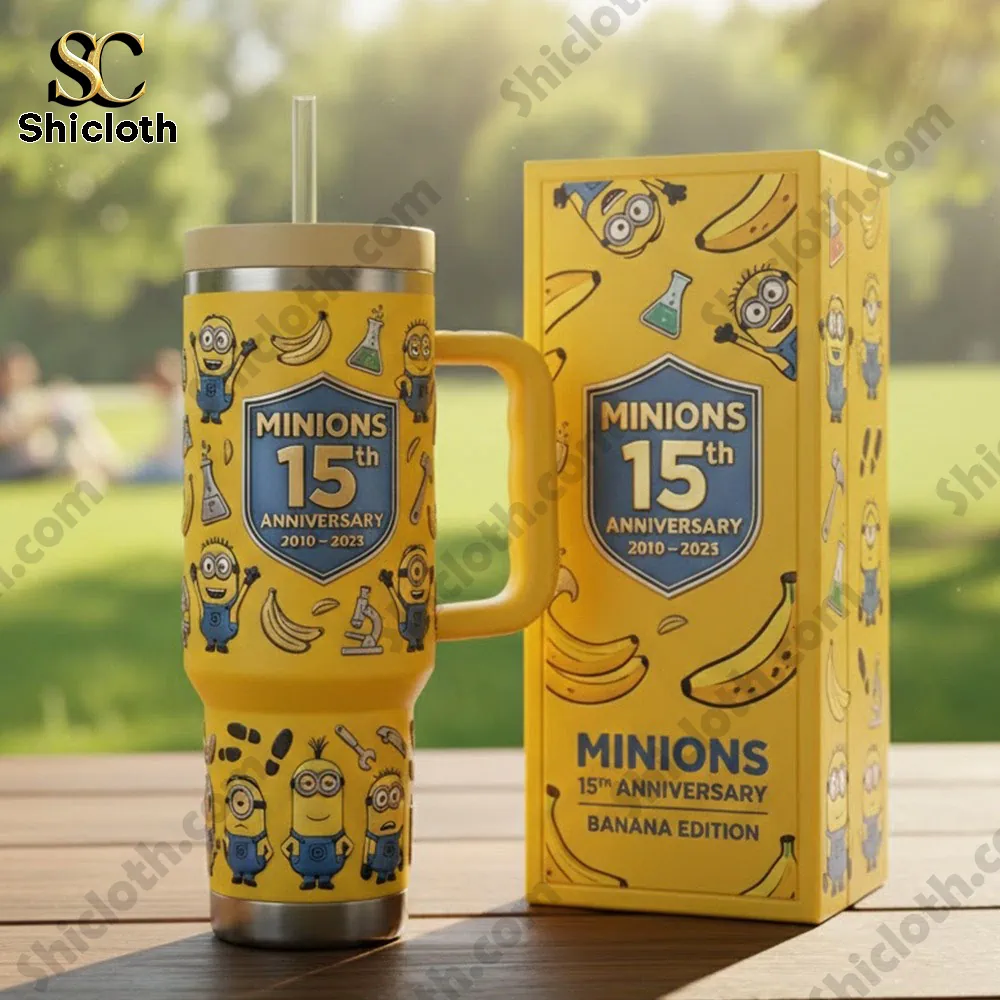 Yellow Minions tumbler with matching box on table!