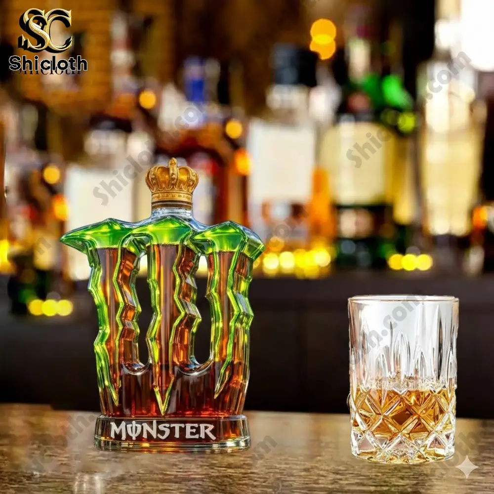 Monster whiskey bottle with gold crown cap on bar counter!