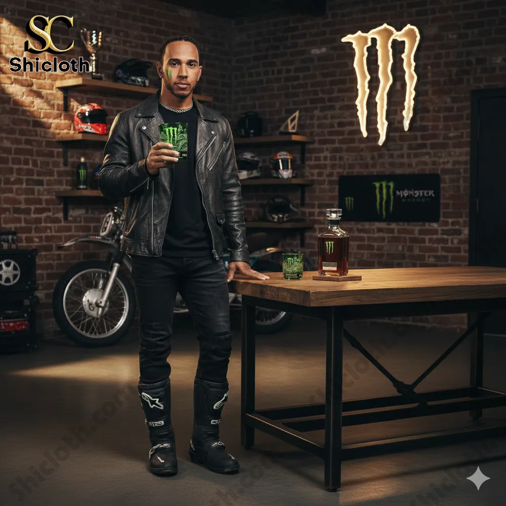 Man holding green Monster Energy glass in motorcycle themed studio!