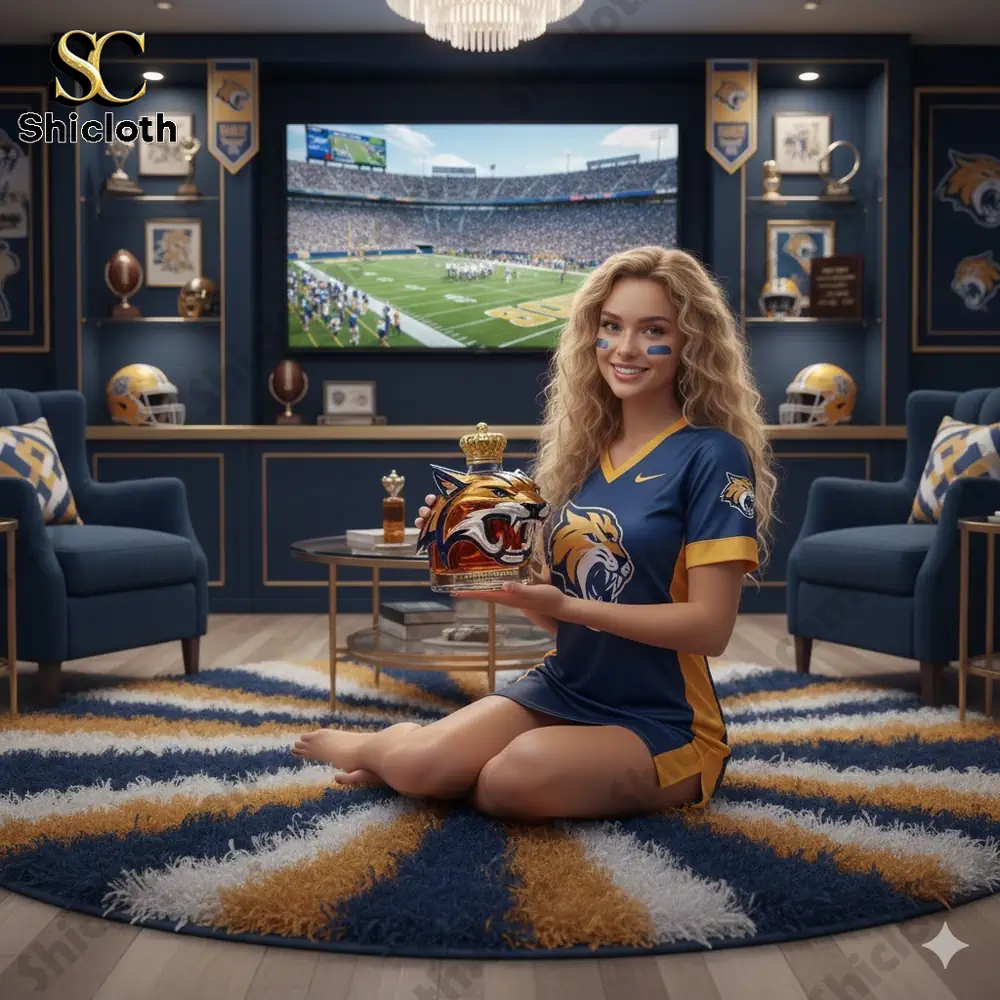 Woman in fan room holding tiger head glass bottle!