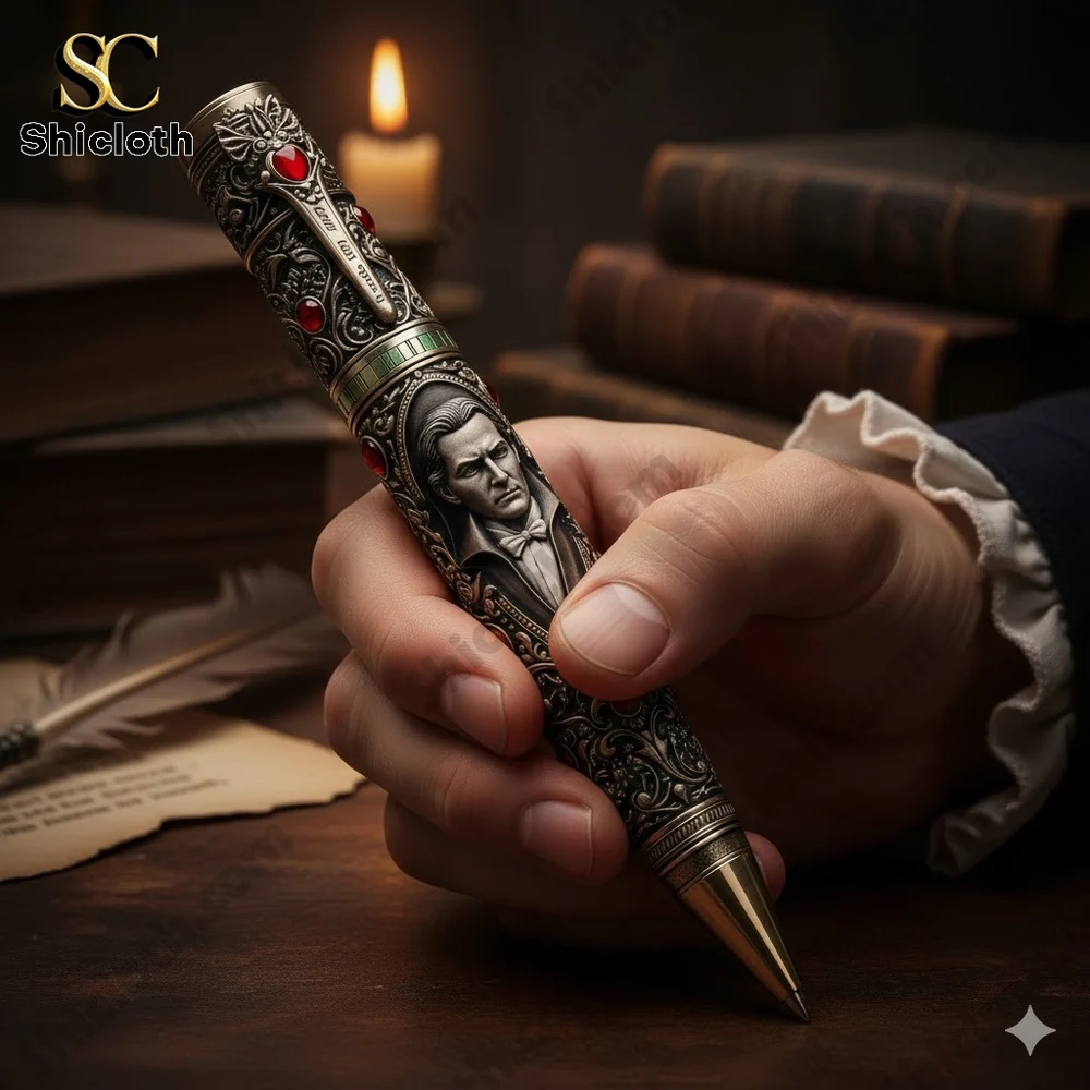 Luxury Dracula engraved pen held in hand with vintage books and candle by Shicloth!