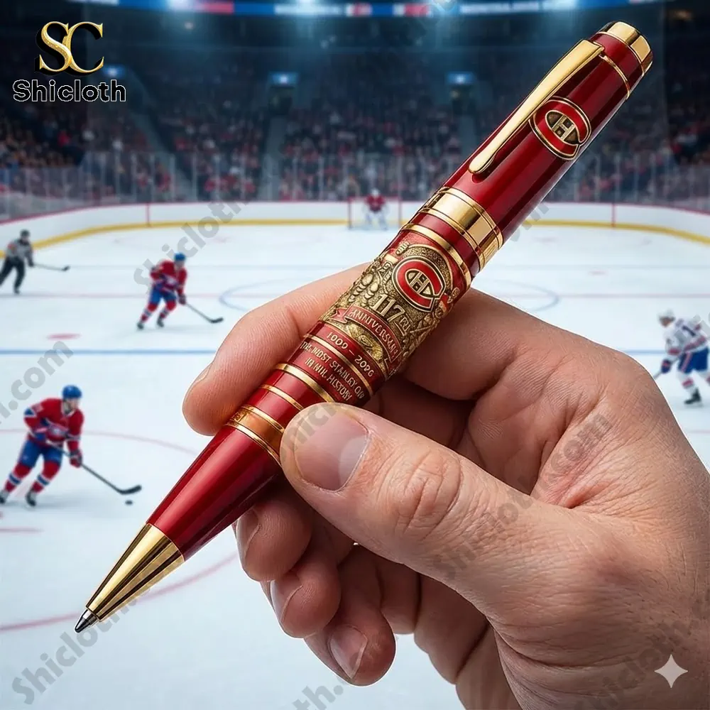 Red gold Montreal Canadiens anniversary collectible pen held in hand at hockey arena!