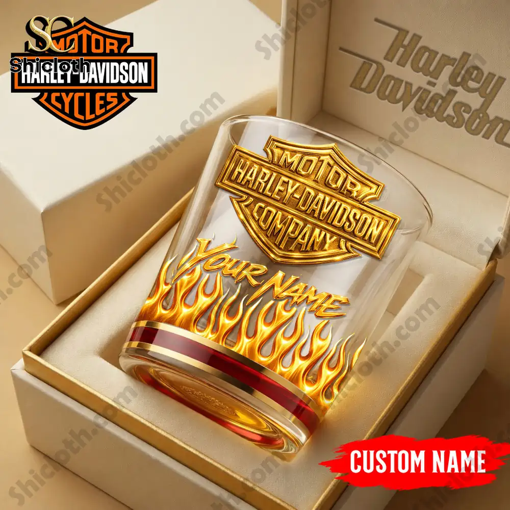 Custom whiskey glass with motorcycle logo in a premium gift box!