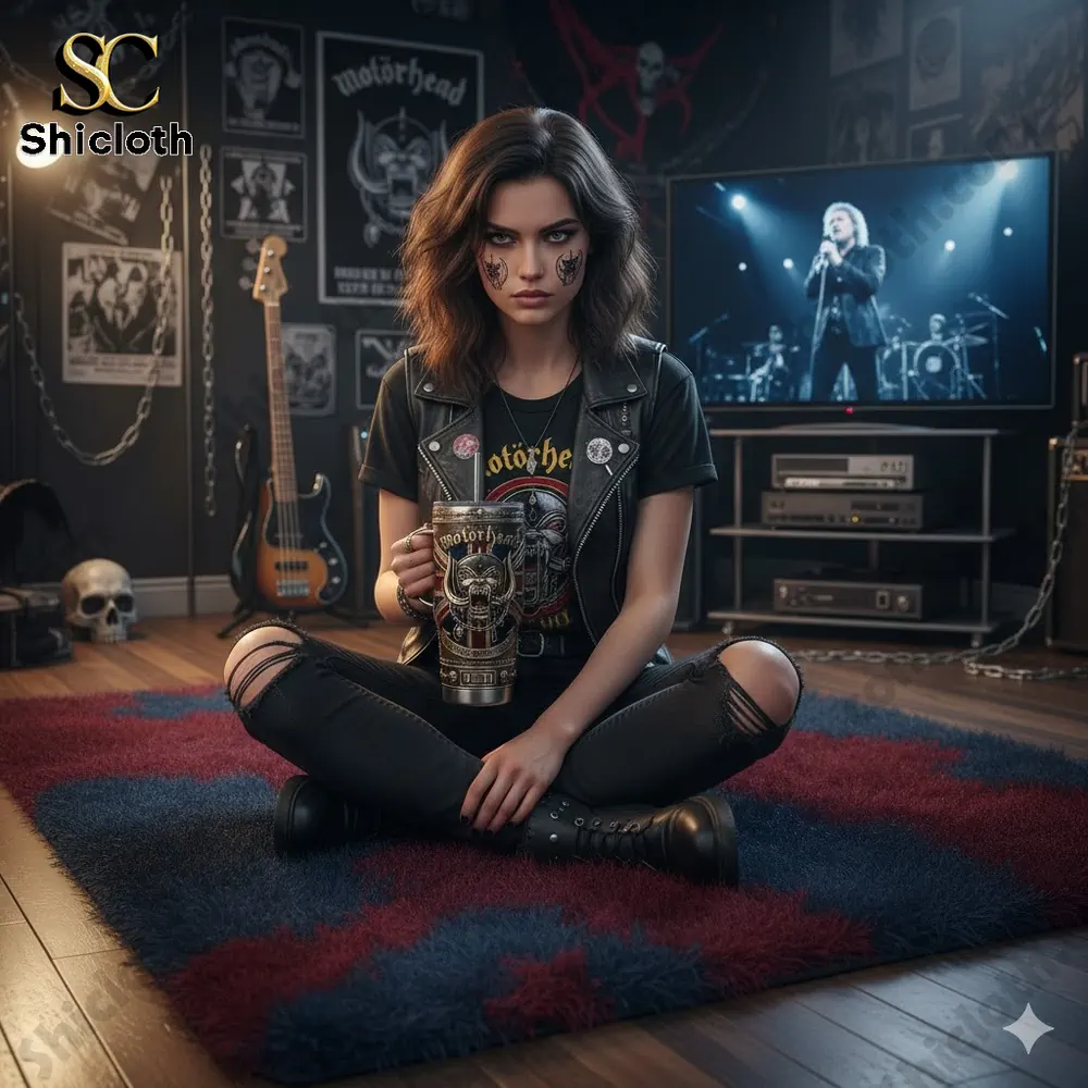Woman holding Motorhead Yeti mug in rock music room!