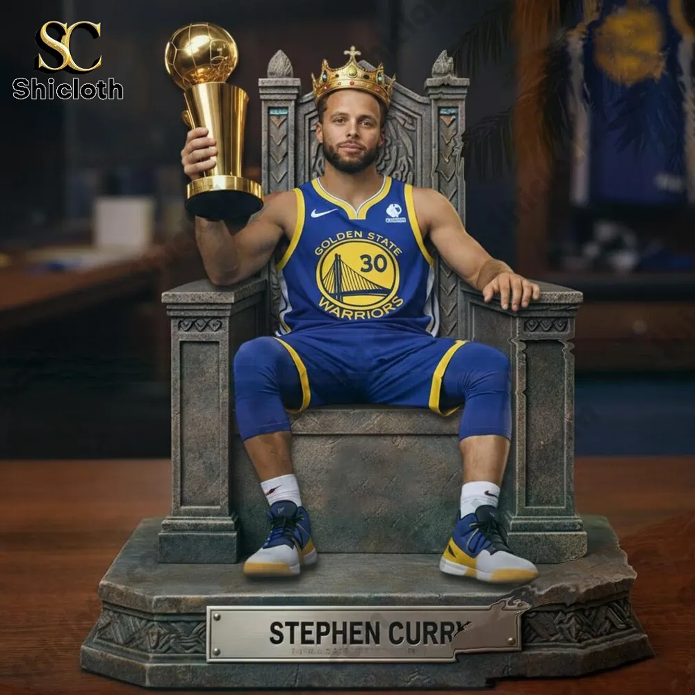 Stephen Curry statue on a stone throne holding a championship trophy!