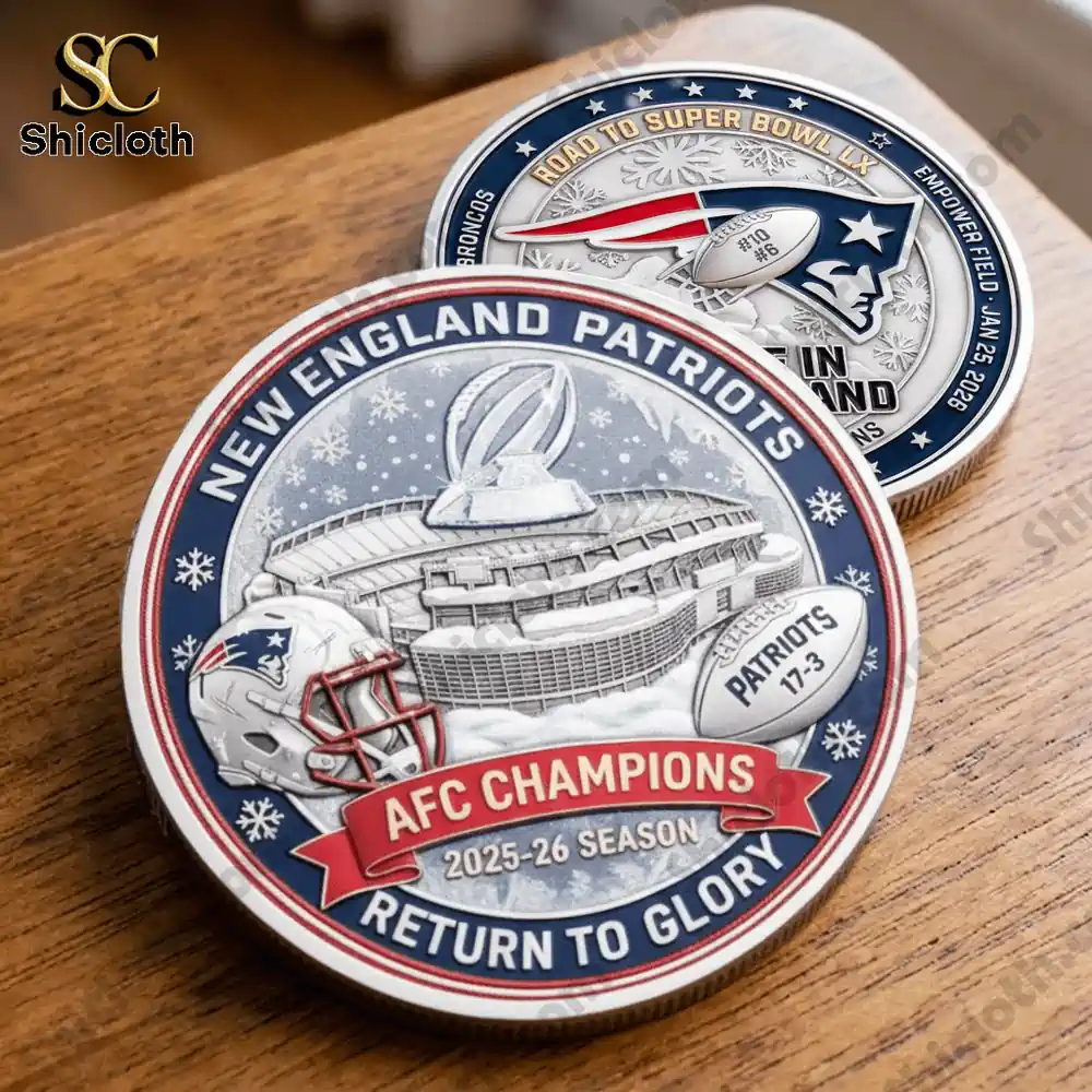 New England Patriots 2025 AFC Champions Commemorative Edition Coin 3 Two New England Patriots commemorative coins displayed on table!