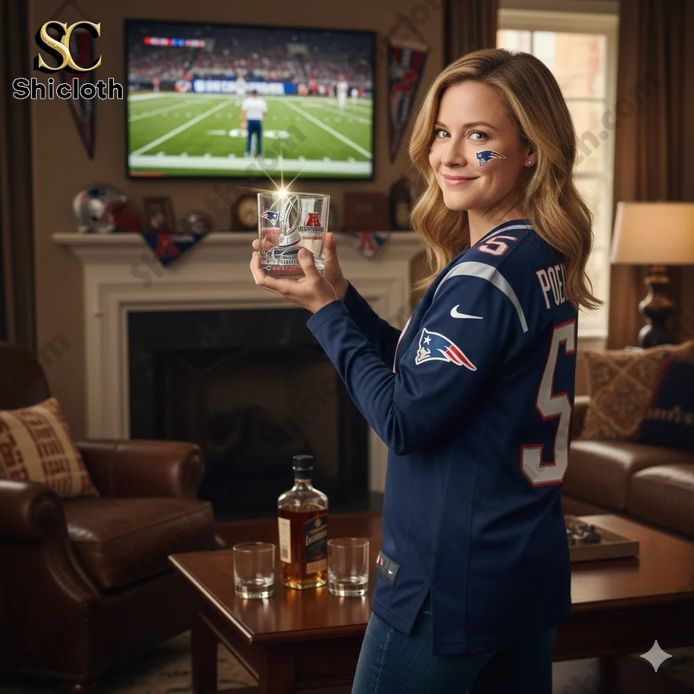 Female Patriots fan holding championship glass in living room while watching football game!