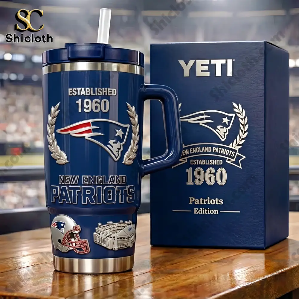 New England Patriots Yeti mug with box on wooden table!