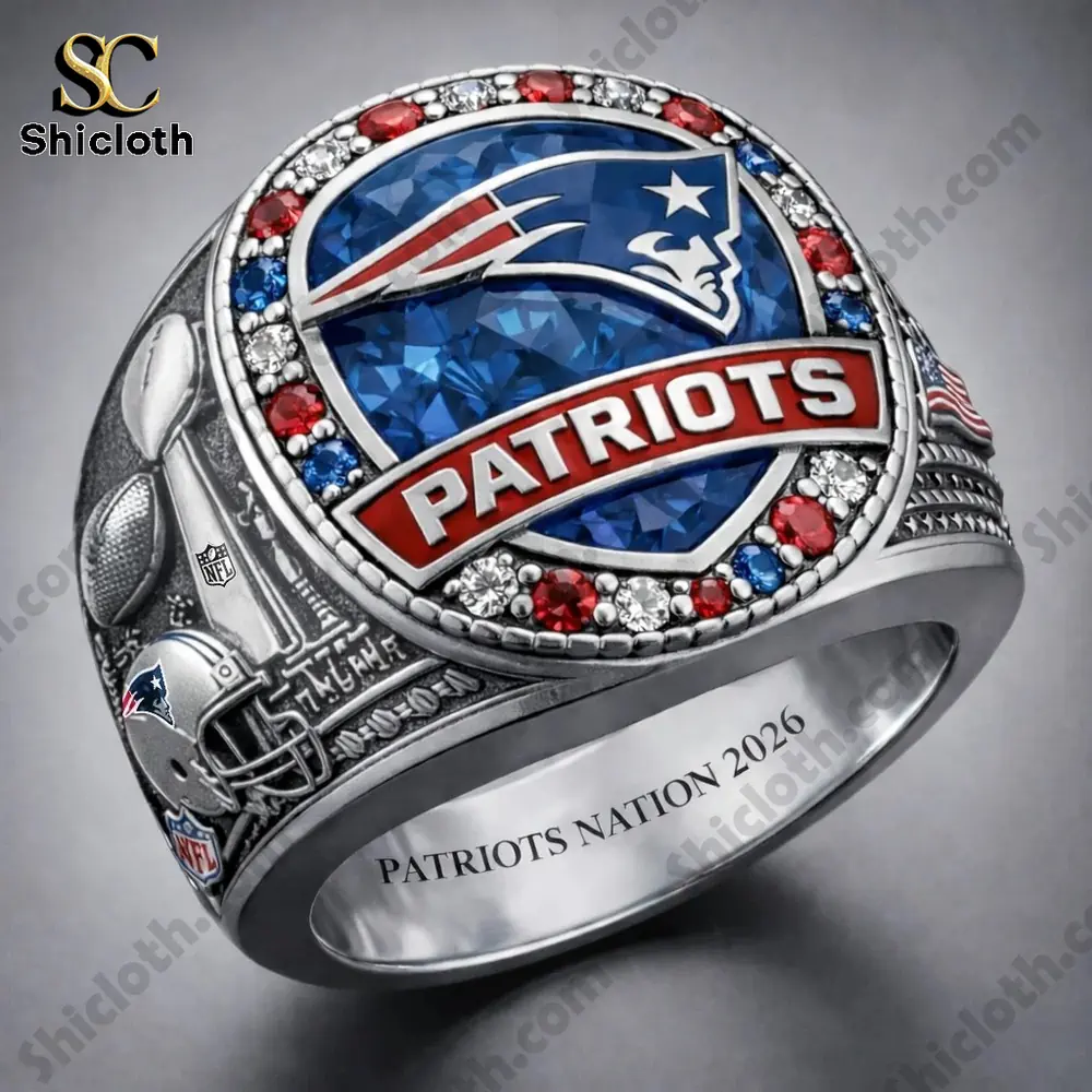 Silver Patriots championship style ring with blue red and white stones!