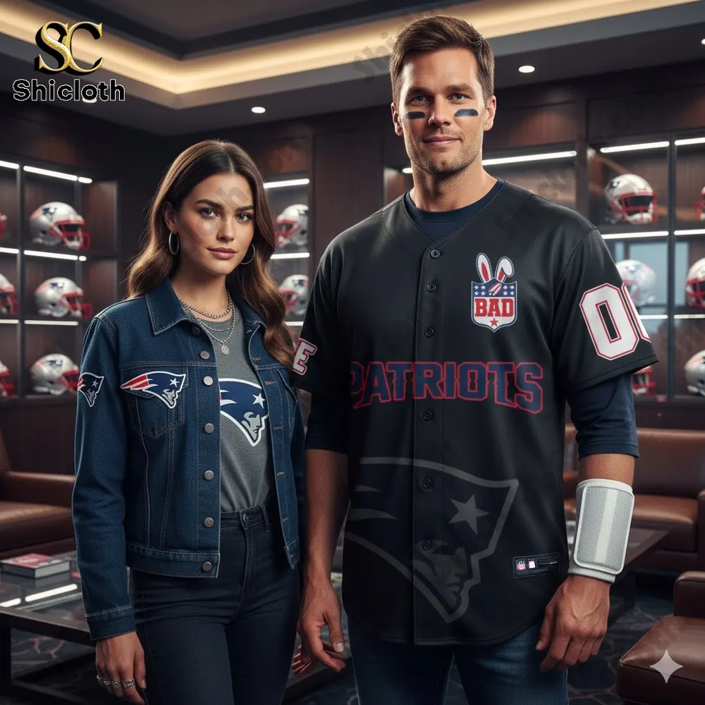 Man and woman wearing Patriots themed outfits inside a sports locker room