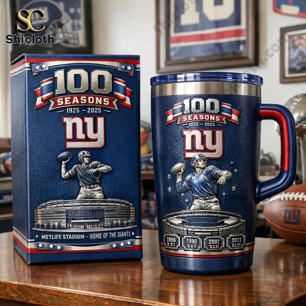 New York Giants 100 Seasons commemorative mug with matching gift box on table!