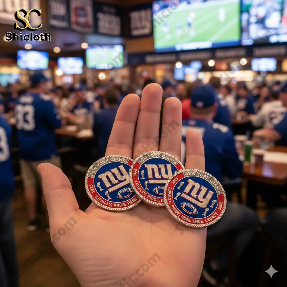 Hand holding New York Giants commemorative coins in a sports bar crowd!