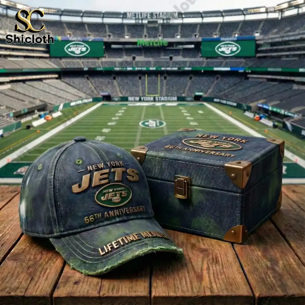 New York Jets anniversary cap and collectible box on a stadium field!