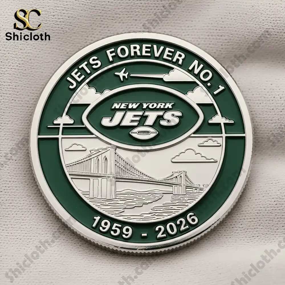 New York Jets commemorative coin showing Brooklyn Bridge and team logo
