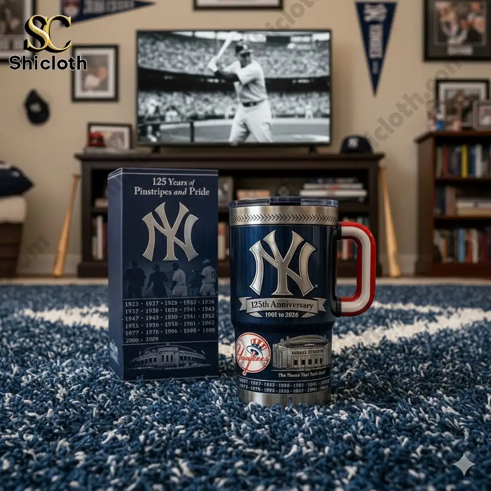 New York Yankees 125th anniversary tumbler on living room carpet!