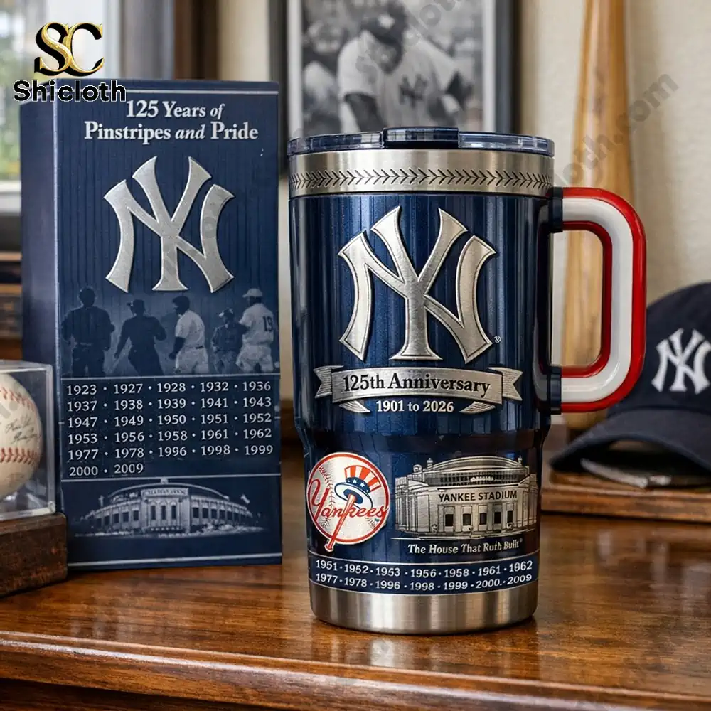 New York Yankees 125th anniversary tumbler on wooden desk with box!