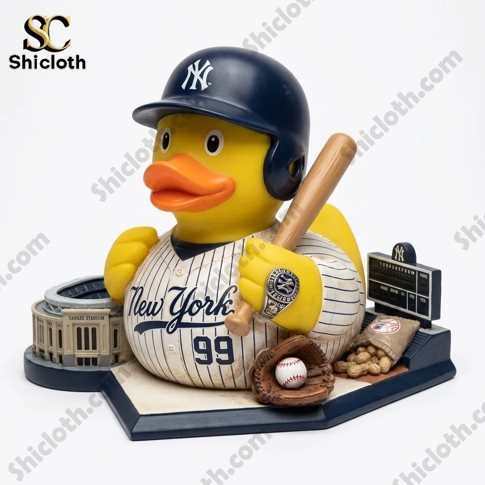 Front view of a Yankees rubber duck baseball figure with bat and helmet!