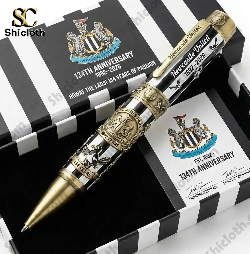 Newcastle United anniversary pen displayed in striped presentation box