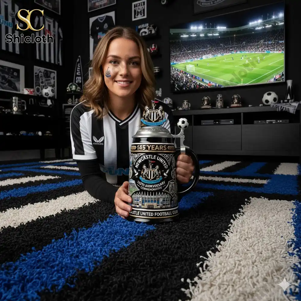 Woman holding Newcastle United 145 years commemorative mug at home!