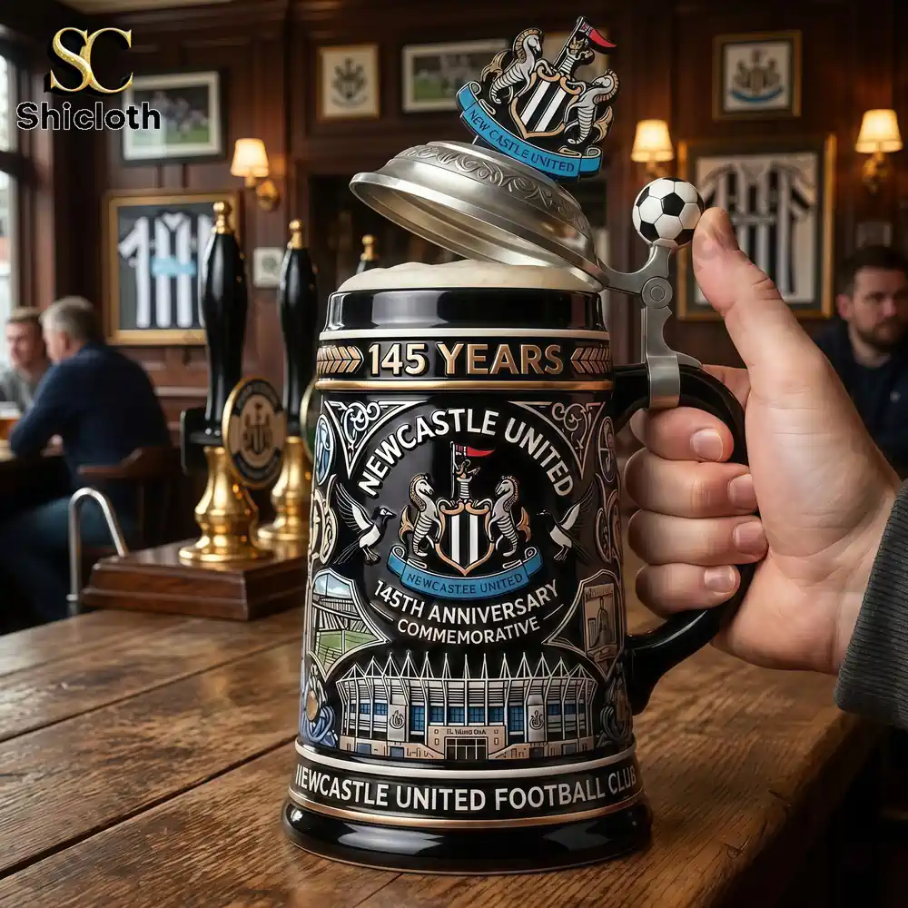 Newcastle United 145th Anniversary Commemorative Collector Beer Stein 3 Hand holding Newcastle United 145 years commemorative mug in pub!
