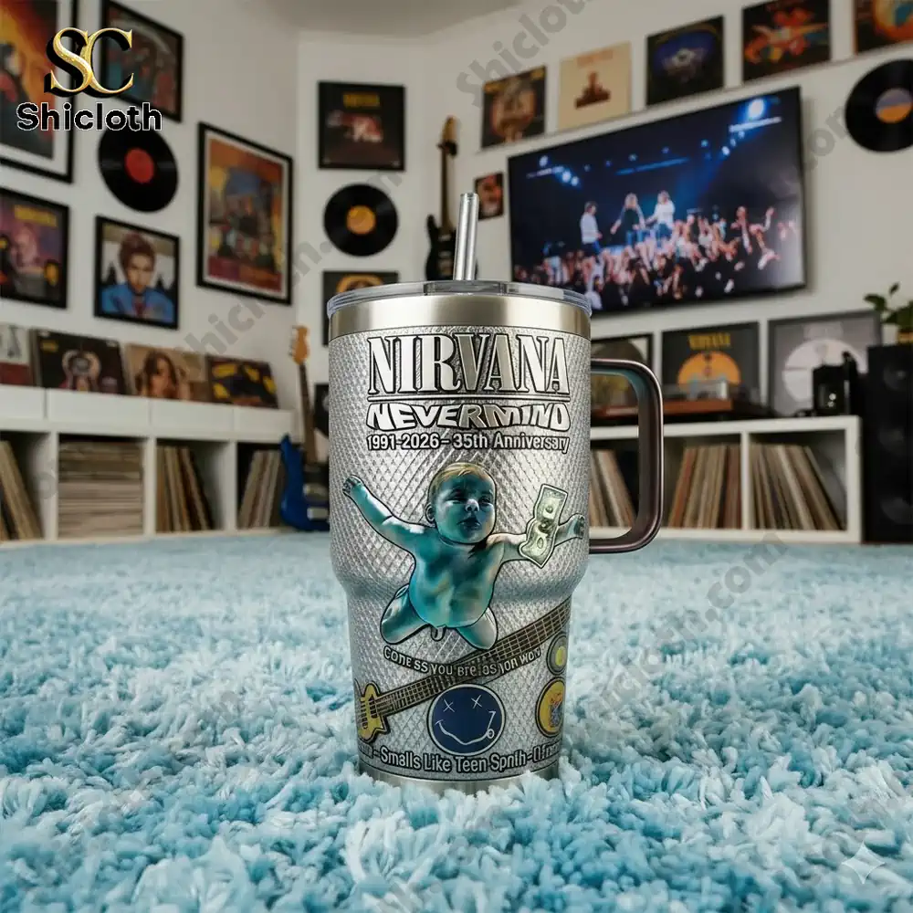 Nirvana Nevermind themed insulated tumbler with handle in music room!