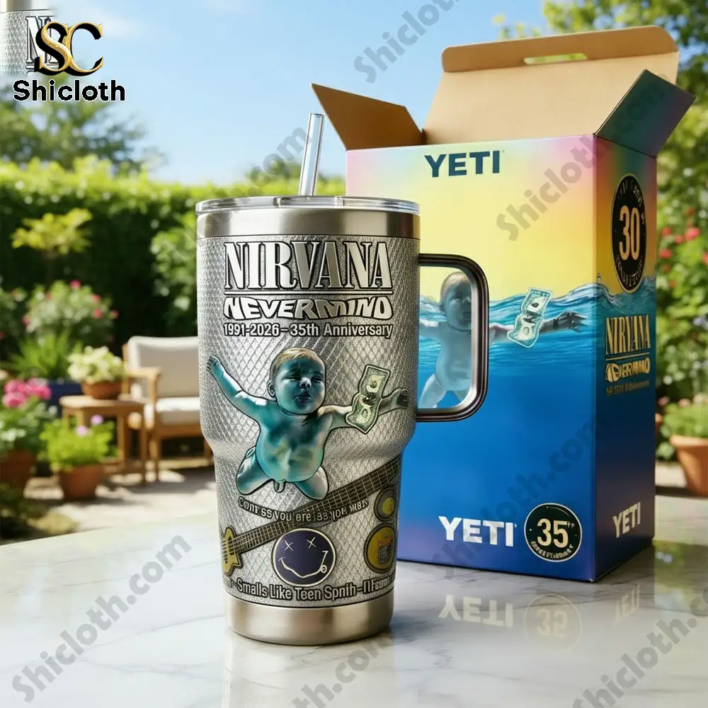 Nirvana Nevermind themed insulated tumbler with handle and gift box outdoors!