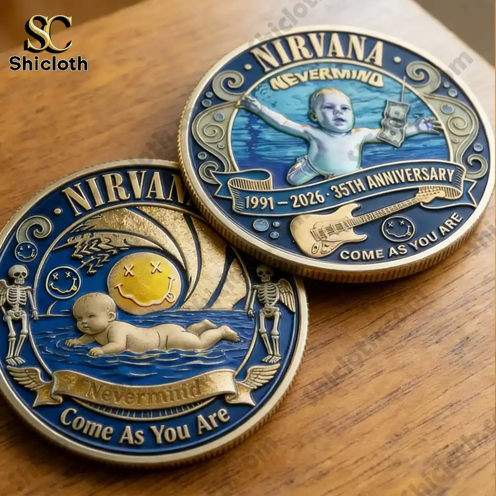 Lord Of The Rings 2001-2026 25th Anniversary Commemorative Coin 14 Nirvana themed gold and blue commemorative coin with crawling baby artwork!