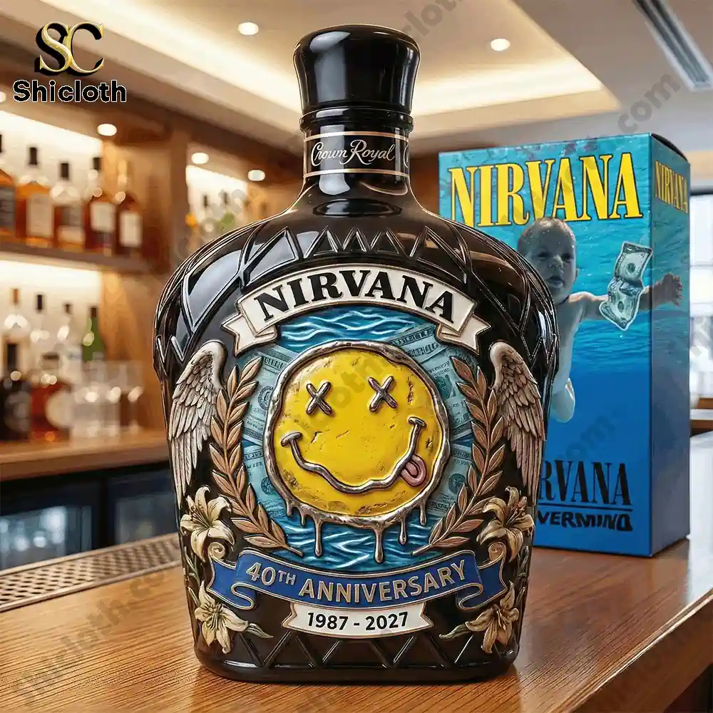 Nirvana anniversary liquor bottle displayed on a bar counter!